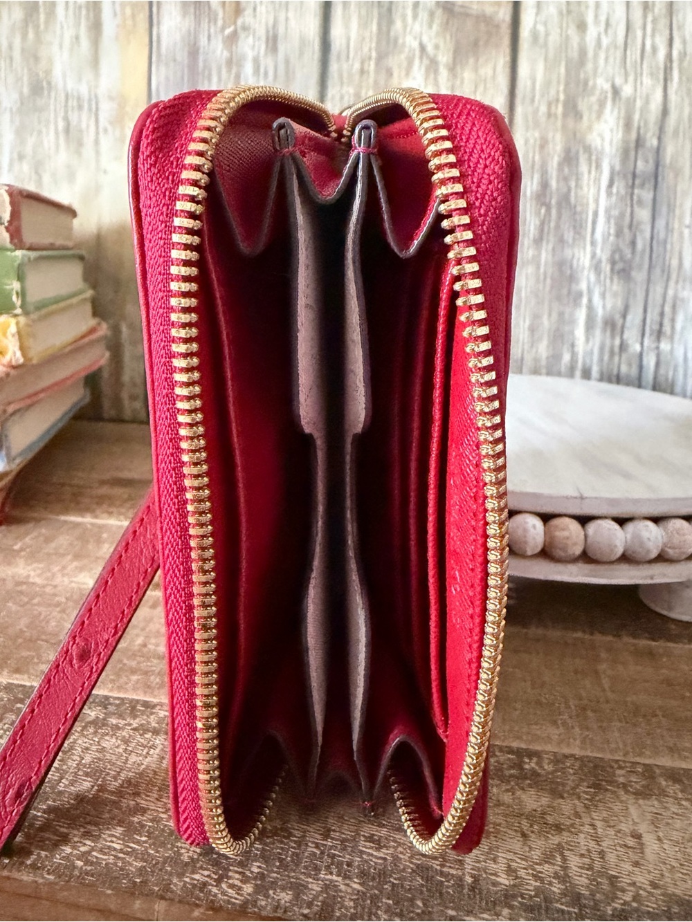 Michael Kors Bright Red Zip-Around Wristlet Wallet with Gold Plate - Picture 3 of 3